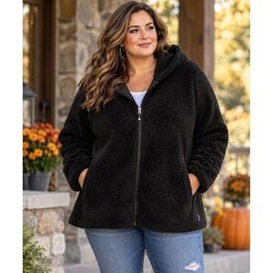 Eddie Bauer Womens 3X Black Sherpa Fleece Hooded Full Zip Jacket Plus Size